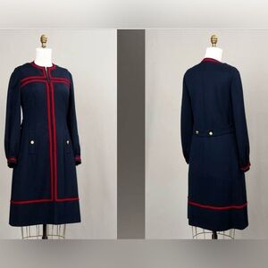 Vintage 1960s Union Made Blue and Red Wool Dress Size 12